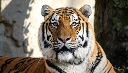 Close-up portrait of a magnificent tiger, showcasing its striking orange and black striped coat and intense gaze, set against a blurred background of a light gray stone wall and a dark tree trunk.