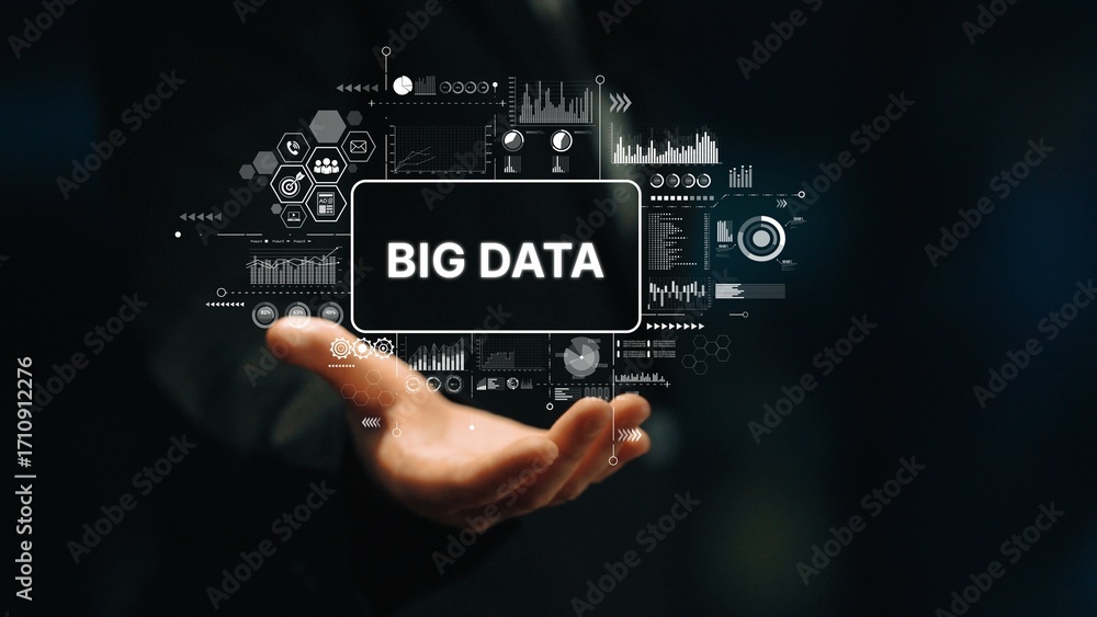 Poster businessman presenting big data concept with digital icons and graphics representing technology and 