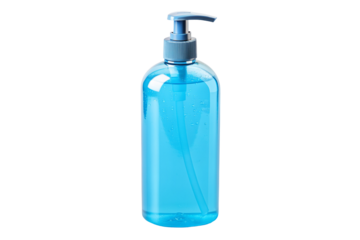 Transparent dispenser bottle filled with blue liquid for kitchen or bathroom hygiene and cleanliness