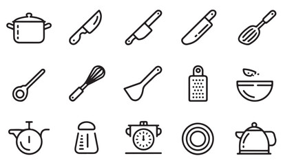Outline illustration collection of cooking tools symbols including pot, whisk, spatula, ladle, knife, bowl, pan, grater, and kettle culinary icons