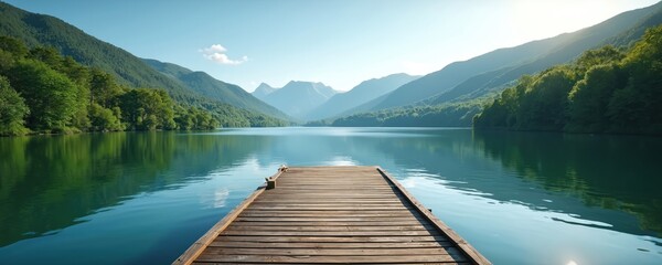 Wooden pier on calm lake surrounded by green forest mountains. Serene nature landscape with clear blue sky and sunlit water surface. Peaceful outdoor scene in wilderness. Quiet morning.