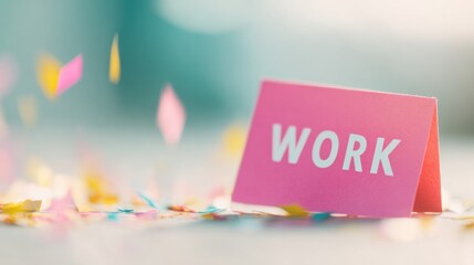 Creative workspace with a pink sign stating work and colorful confetti scattered