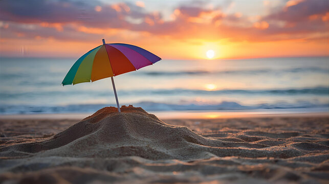 Beachside Serenity A Colorful Umbrella Under a Sunset Sky, Enjoying Summer Vacation Bliss