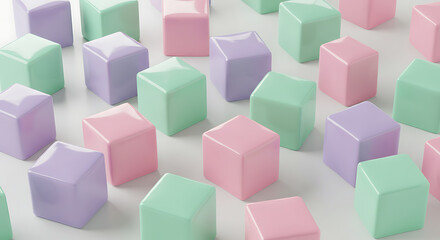 Obraz premium Abstract arrangement of pastel colored geometric cube blocks scattered across a pristine white surface, creating a playful and minimalist background texture
