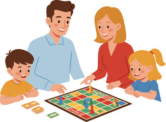 Happy family playing board game, parents and children bonding, indoor activity, learning through play, togetherness, parenting, lifestyle, fun, teamwork, joy