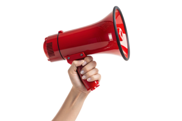 Red megaphone held by a hand symbolizing communication and loud announcements for attention