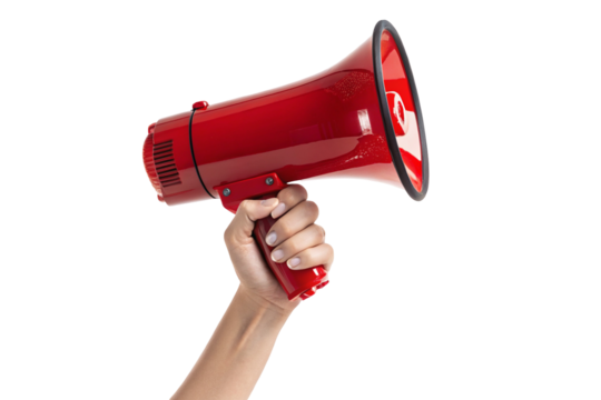Red megaphone held by a hand symbolizing communication and loud announcements for attention