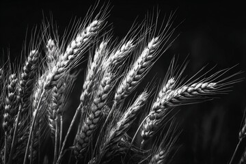 Golden ears of ripe wheat stand isolated on a black background, a vibrant cereal crop ready for harvest