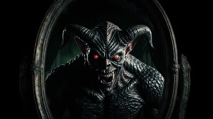 Demon in a Cursed Mirror - A terrifying demon with glowing red eyes is reflected in an antique mirror, its menacing presence filling the frame. The dark, gothic setting enhances the eerie atmosphere. - Powered by Adobe