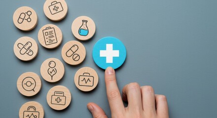 Medical icons and a hand highlighting the plus sign, symbolizing healthcare and wellness services, medical care, and health insurance options