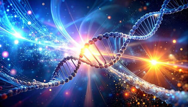 A vibrant, digital representation of a DNA double helix, set against a backdrop of cosmic energy, showcasing a dynamic interplay of colors and light.