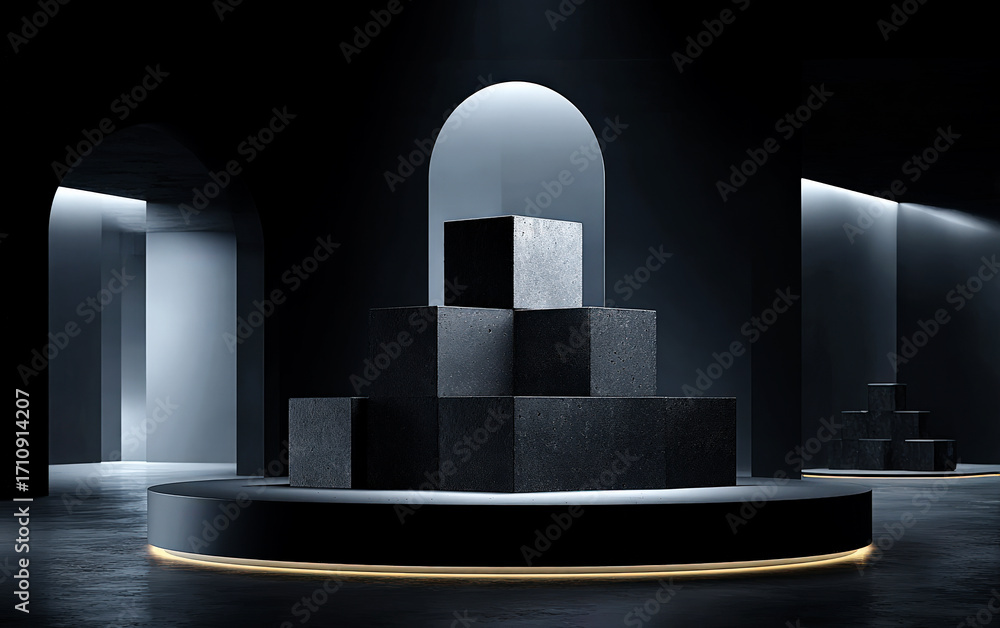 Poster modern geometric display platform with dark tones and illuminated edges