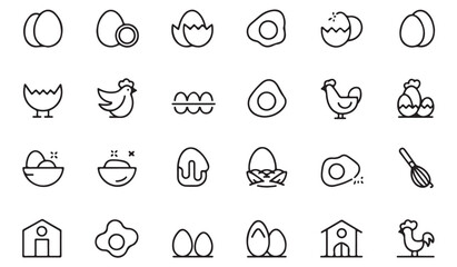 Clean line pack of poultry and egg farming icons featuring eggs, chicken, rooster, barn, carton, nest, and organic farm produce illustrations
