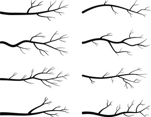 Set of black bare tree branches vector silhouette illustrations, great for nature, spooky, winter, or graphic design projects, on a white background.