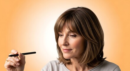 Obraz premium A thoughtful woman with a pen in her hand, looking to the side with a gentle smile, against a soft orange background.