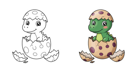 Cute dinosaur hatching from egg: color and outline versions