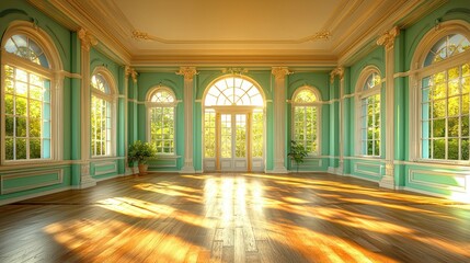 Fototapeta premium Sunlit Elegant Green Room, Mansion Interior, Sunlight, Windows, Floor, Design, Home Decor, Real Estate