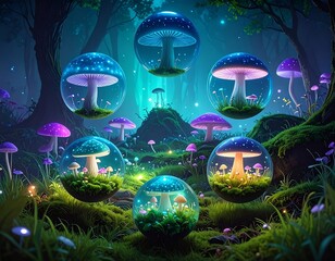 Tiny bioluminescent creatures on glowing mushrooms, mystical and hyper-realistic.