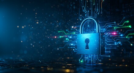 Secure your digital future with this stunning cybersecurity concept featuring a padlock and glowing circuit board.
