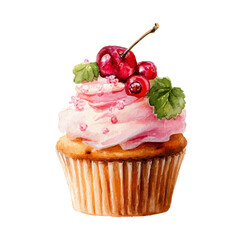 Watercolor vector illustration of Cupcake, isolated on white background.