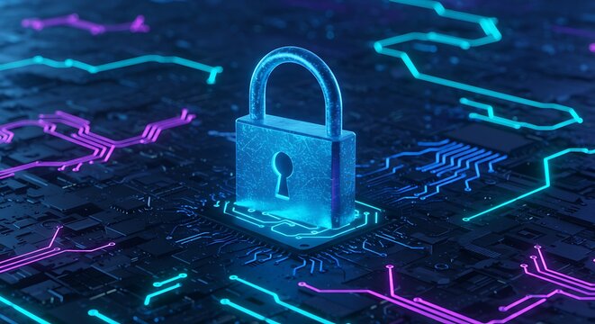 Secure digital network with glowing padlock and circuit board lines, representing cybersecurity - Powered by Adobe