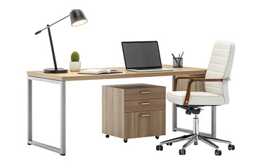 Modern office desk setup with minimalistic design including chair and accessories workspace