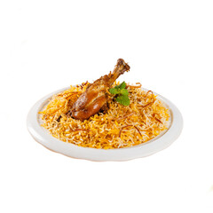 Authentic Hyderabad chicken Dum biryani in a white colour plate with chicken leg piece on top on a Transparent PNG Background