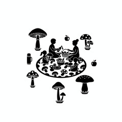 Vector art of a family enjoys a mushroom picnic in the forest, sitting on a blanket surrounded by edible fungi