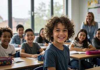 Diverse Elementary School Classroom Cheerful african black kids, children, and youth as students learning and studying an academic lesson together.