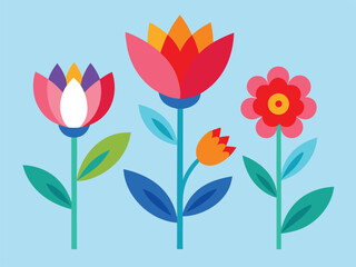 Stylized Floral Arrangement with Geometric Shapes in Bright Colors on Blue Background