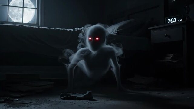 3 AM Spirit Emerging from Under Bed - A ghostly figure with glowing red eyes emerges from under a bed at 3:00 AM. The scene is dark and ominous, lit only by moonlight and a digital clock.