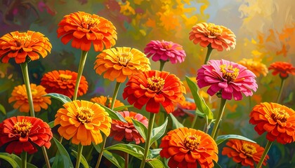 Fototapeta premium Vibrant zinnia blossoms in a radiant garden display a profusion of warm autumnal hues.