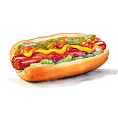 Hot Dog in watercolor style, vector illustration, isolated on white background.