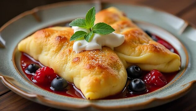Traditional cheese blintzes served warm on rustic ceramic plate with berry compote and sour cream 