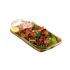 Authentic South Indian spicy chicken fry served on a brass platter on a Transparent PNG Background