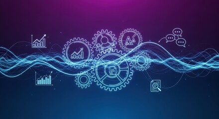 Futuristic digital data flow network with holographic icons and graphs representing analytics and technology