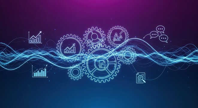 Futuristic digital data flow network with holographic icons and graphs representing analytics and technology
