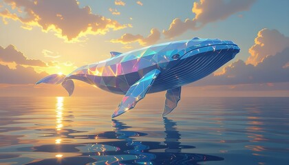 Crystal Whale Gliding Above a Golden Ocean