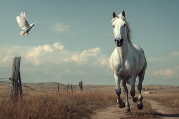 A stunning brown horse with a beautiful mane and white face, standing in a lush green pasture under a blue sky, its eye and head in a captivating portrait