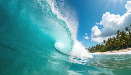 Big wave crashes on sandy beach. Turquoise water with white foam. Palm trees on shore. Blue sky with clouds. Sun rays. Ocean wave breaks on coast. Tropical landscape.