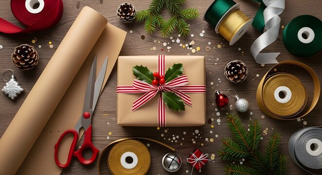 Christmas Gift Wrapping Flatlay.