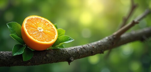 Ripe orange half rests on tree branch with green leaves. Sunlight filters through trees, creating soft bokeh background. Juicy citrus fruit freshness, organic nature scene.