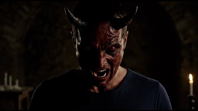 Man Transforming into Horned Demon - A close-up shot of a man undergoing a demonic transformation, his skin turning red and horns growing from his head.