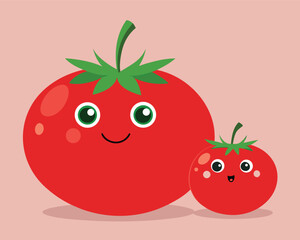 Two Cute Cartoon Tomatoes with Smiling Faces on a Light Pink Background
