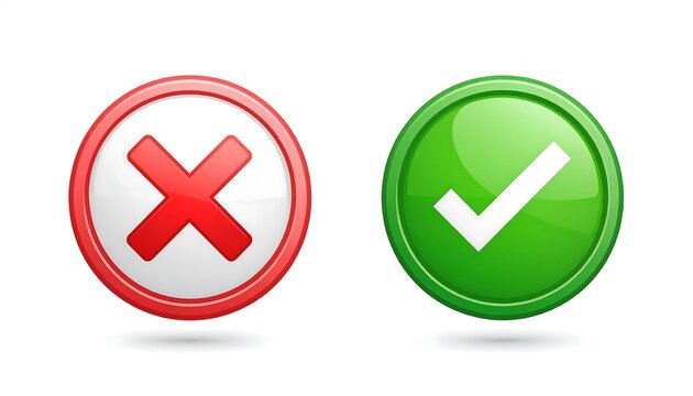 Two glossy buttons, one displaying a red x and the other a green checkmark, highlight contrasting choices against a white background.
