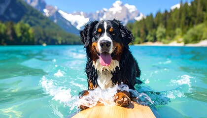 A cheerful Bernese Mountain Dog enjoys a sunny day on a small surfboard on a vibrant turquoise lake, surrounded by majestic mountains.