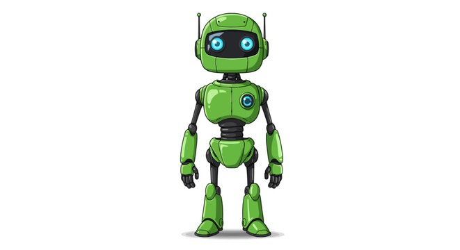 Charming green robot character design in cartoon style with blue eyes