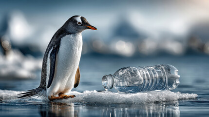 Obraz premium Lone penguin on ice with empty plastic bottle, wild animal looks at waste, highlights environmental pollution in antarctic habitat, wildlife conservation concept