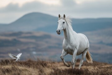 A majestic white stallion grazes in a green pasture under a summer sky