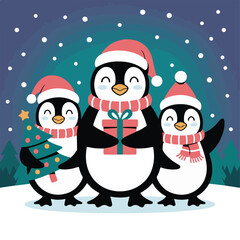 Happy Penguins in Santa Hats and Scarves Celebrating Winter Holidays